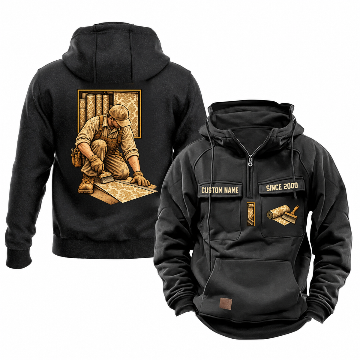 Wallpaper Hanger Ready Every Day Portrait Vintage Hoodie in Black, front and back views with a kneeling trade portrait, square scene panel and coordinated chest emblems; illustrative CUSTOM NAME and SINCE 2000 samples.