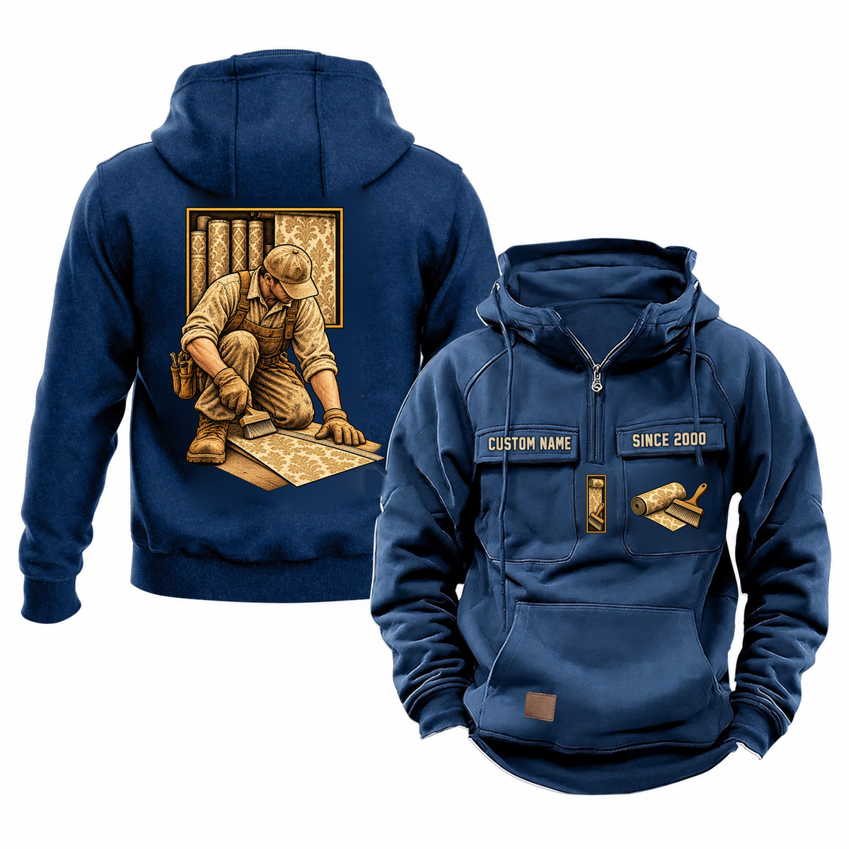 Wallpaper Hanger Ready Every Day Portrait Vintage Hoodie in Dark Blue, front and back views with a kneeling trade portrait, square scene panel and coordinated chest emblems; illustrative CUSTOM NAME and SINCE 2000 samples.