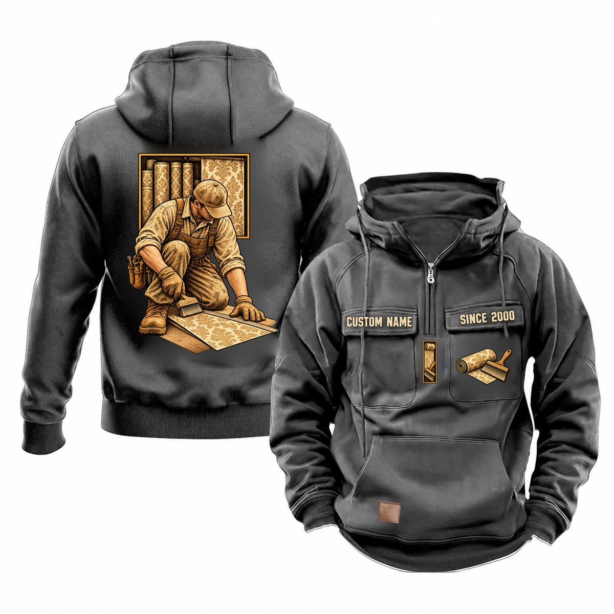 Wallpaper Hanger Ready Every Day Portrait Vintage Hoodie in Dark Gray, front and back views with a kneeling trade portrait, square scene panel and coordinated chest emblems; illustrative CUSTOM NAME and SINCE 2000 samples.