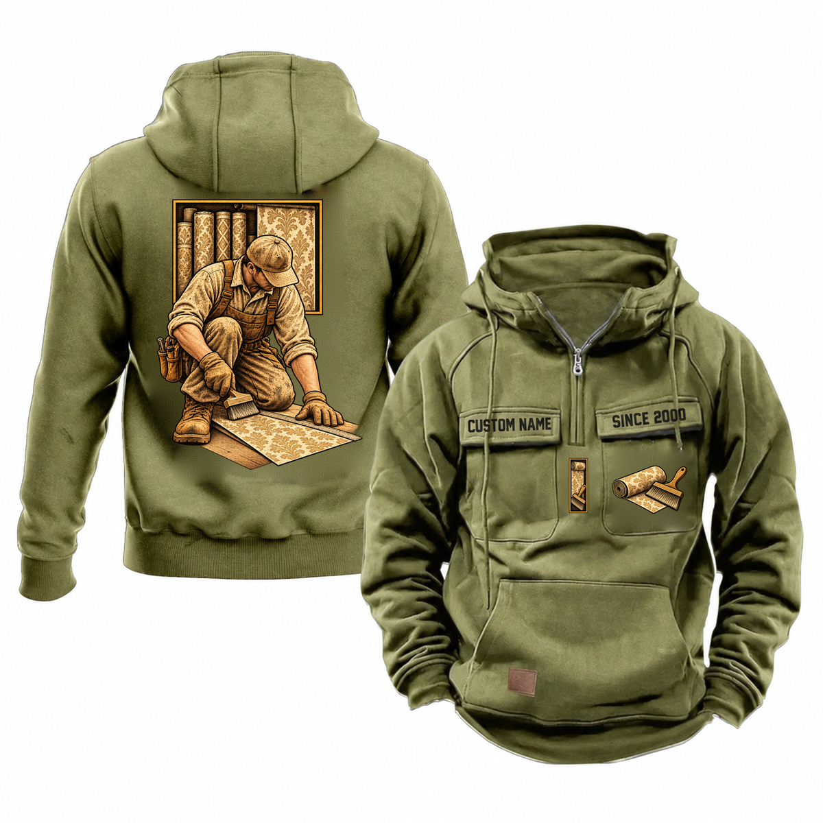 Wallpaper Hanger Ready Every Day Portrait Vintage Hoodie in Military Green, front and back views with a kneeling trade portrait, square scene panel and coordinated chest emblems; illustrative CUSTOM NAME and SINCE 2000 samples.