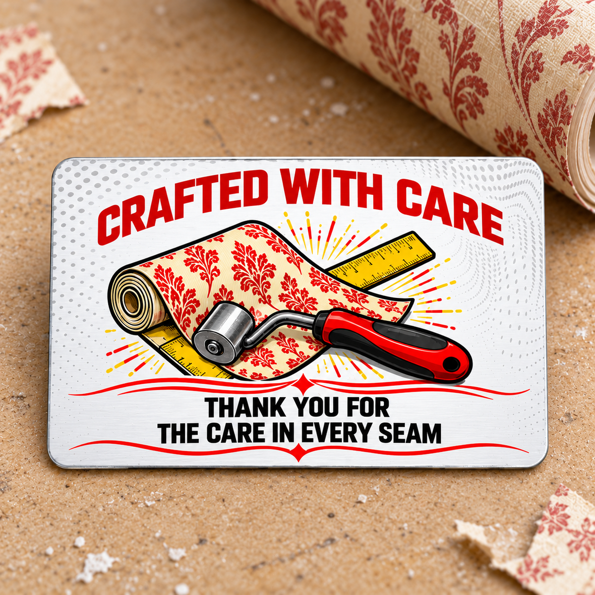 Reverse of the Wallpaper Hanger Red Header aluminum wallet card with wallpapering tools, Crafted With Care heading, and Thank You for the Care in Every Seam message.
