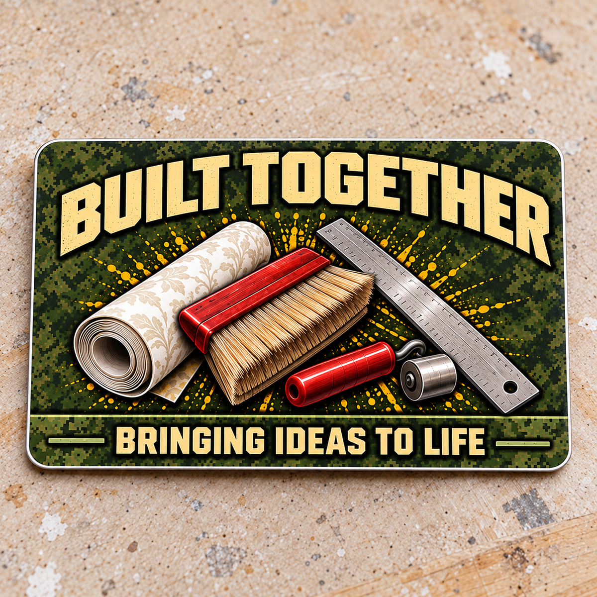 Reverse of the Wallpaper Hanger Rugged Field aluminum wallet card, with a wallpaper roll, smoothing brush, seam roller and straightedge beneath Built Together and above Bringing Ideas to Life.