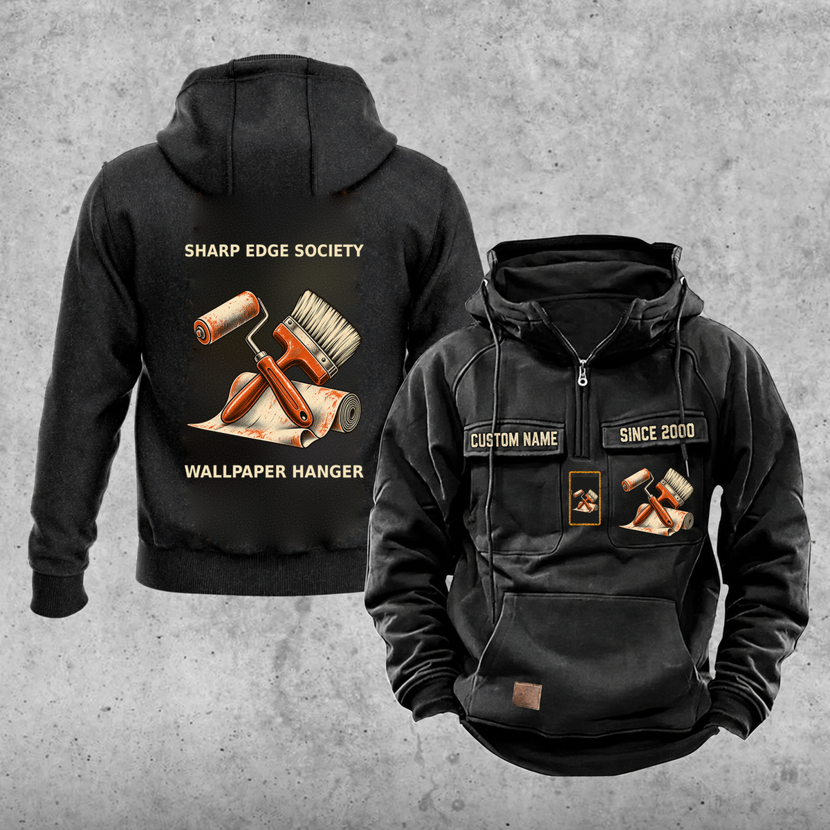 Wallpaper Hanger Vintage Hoodie - Sharp Edge Society — Black; faithful original Vintage Hoodie front and back artwork; CUSTOM NAME and SINCE 2000 on front chest.