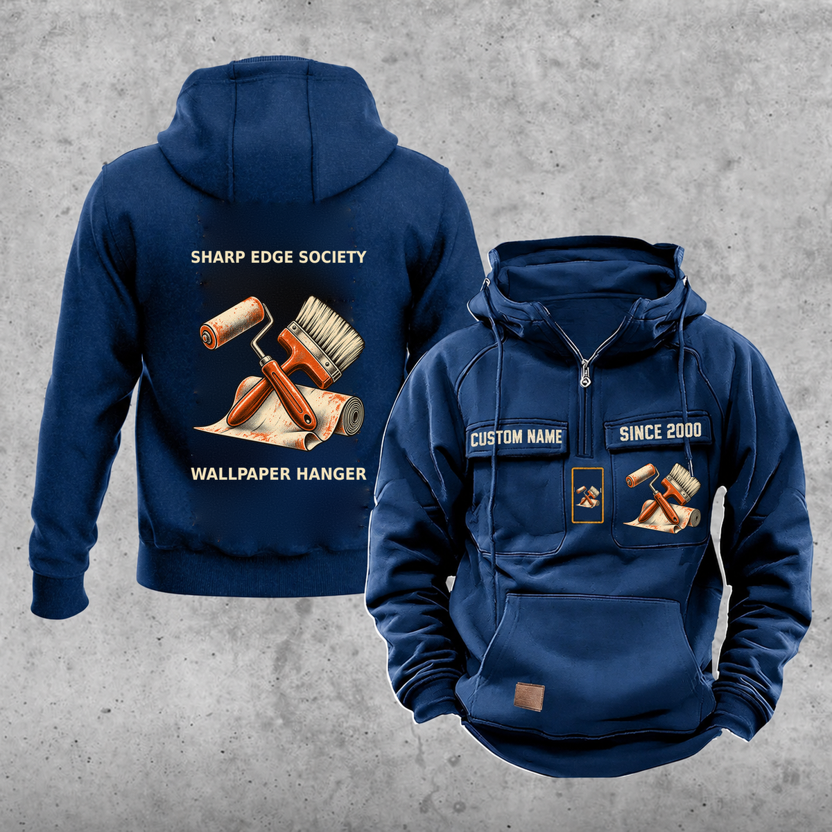 Wallpaper Hanger Vintage Hoodie - Sharp Edge Society — Dark Blue; faithful original Vintage Hoodie front and back artwork; CUSTOM NAME and SINCE 2000 on front chest.