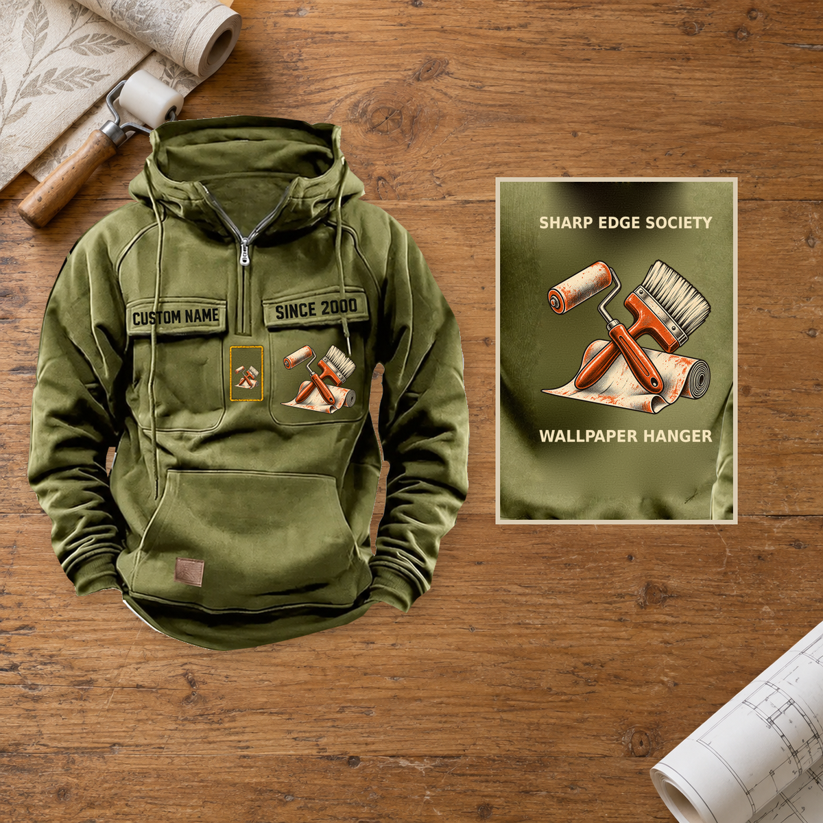 Wallpaper Hanger Vintage Hoodie - Sharp Edge Society — Hero; faithful original Vintage Hoodie front and back artwork; CUSTOM NAME and SINCE 2000 on front chest.