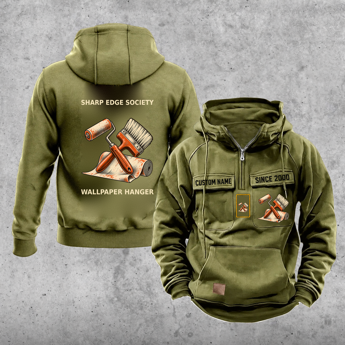Wallpaper Hanger Vintage Hoodie - Sharp Edge Society — Olive Green; faithful original Vintage Hoodie front and back artwork; CUSTOM NAME and SINCE 2000 on front chest.