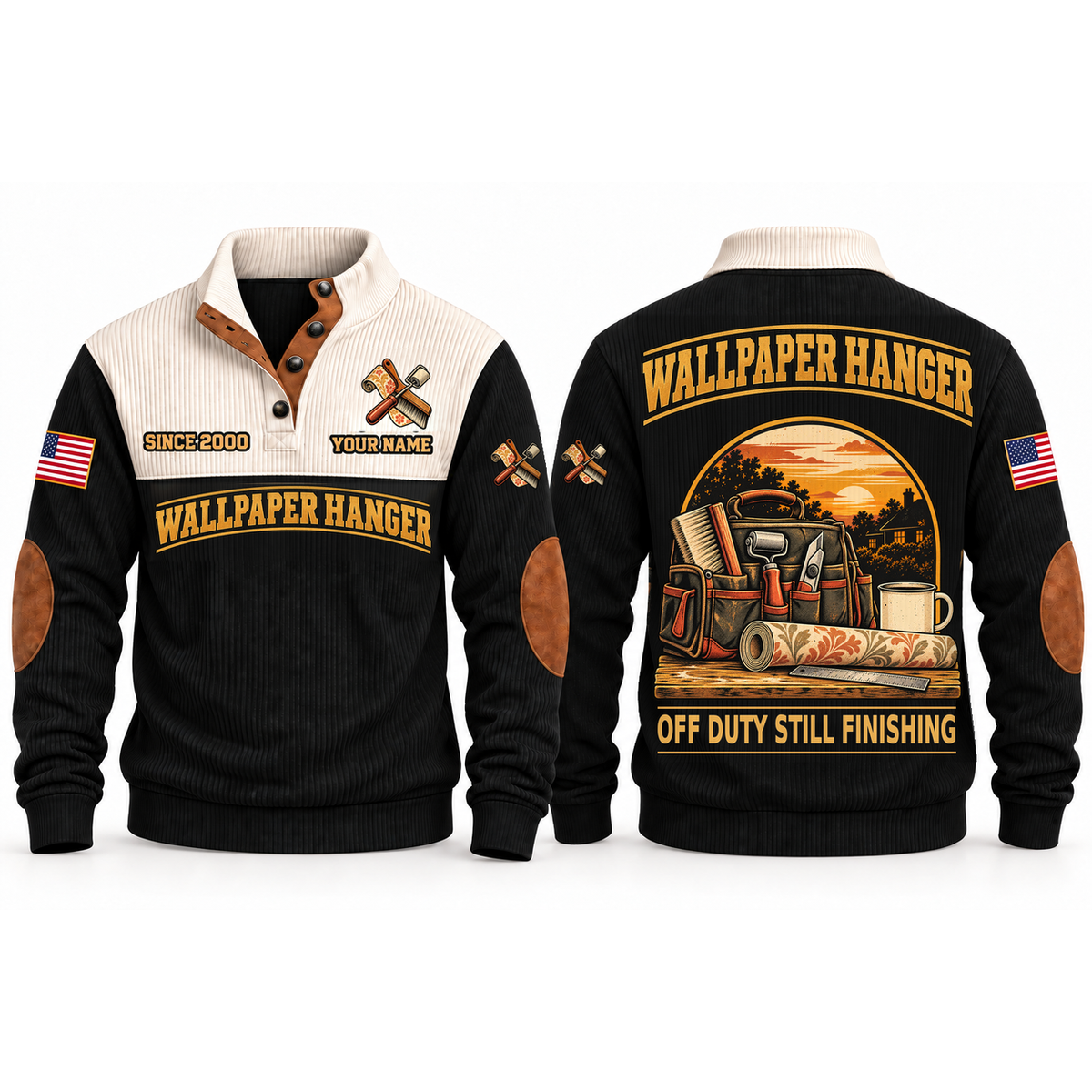 Wallpaper Hanger Finish Shift Sports Sweatshirt in Black, front and back garment views with finishing tool bag, wallpaper roll, house silhouette and coffee mug, off-duty trade equipment scene, OFF DUTY STILL FINISHING lettering and source sample YOUR NAME and SINCE 2000 text.