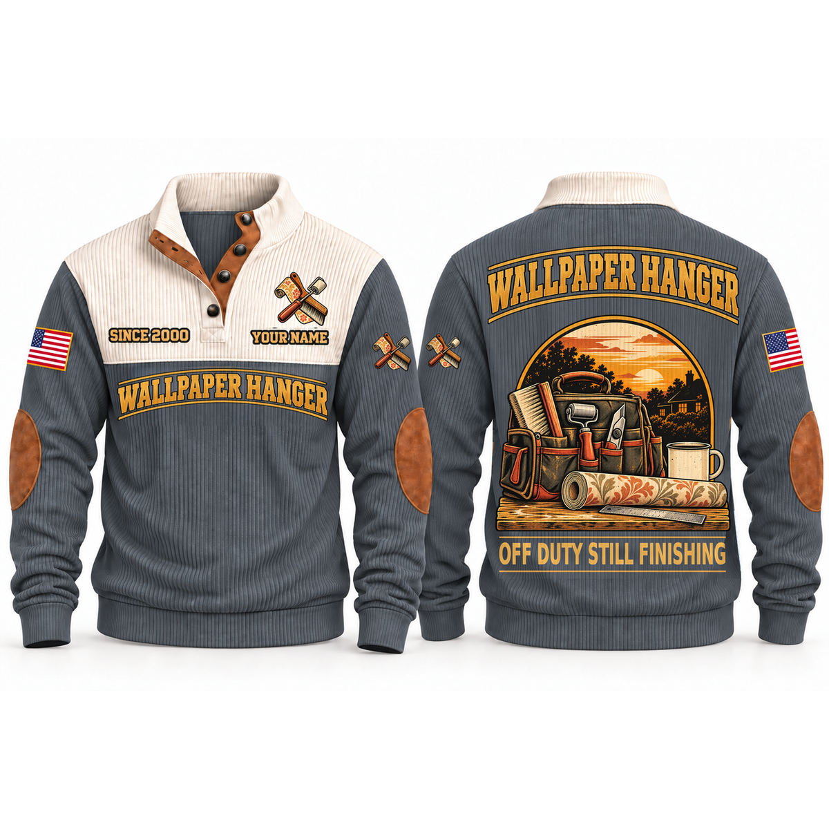 Wallpaper Hanger Finish Shift Sports Sweatshirt in Grey, front and back garment views with finishing tool bag, wallpaper roll, house silhouette and coffee mug, off-duty trade equipment scene, OFF DUTY STILL FINISHING lettering and source sample YOUR NAME and SINCE 2000 text.