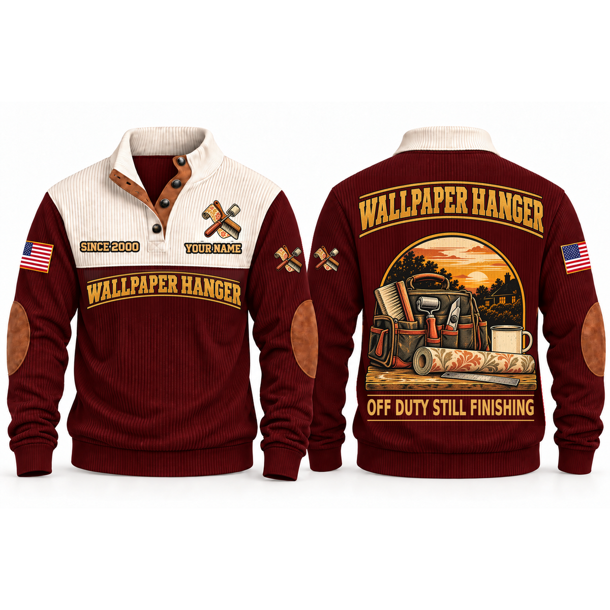 Wallpaper Hanger Finish Shift Sports Sweatshirt in Jujube Red, front and back garment views with finishing tool bag, wallpaper roll, house silhouette and coffee mug, off-duty trade equipment scene, OFF DUTY STILL FINISHING lettering and source sample YOUR NAME and SINCE 2000 text.