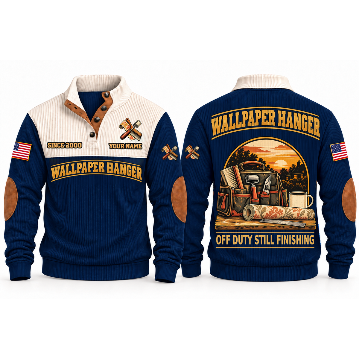 Wallpaper Hanger Finish Shift Sports Sweatshirt in Navy, front and back garment views with finishing tool bag, wallpaper roll, house silhouette and coffee mug, off-duty trade equipment scene, OFF DUTY STILL FINISHING lettering and source sample YOUR NAME and SINCE 2000 text.