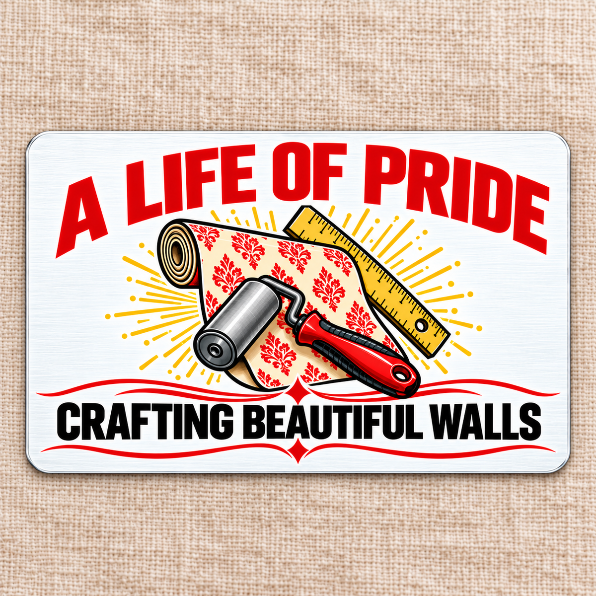 Reverse of the Wallpaper Hanger Signature Classic aluminum wallet card, with wallpaper tools, red ornamental swashes, A LIFE OF PRIDE and CRAFTING BEAUTIFUL WALLS lettering.