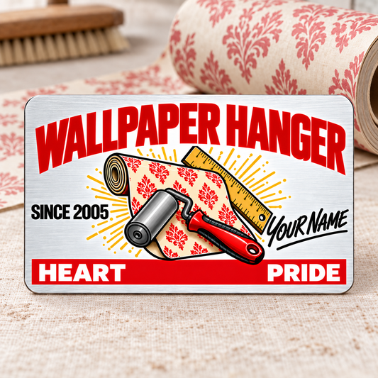 Upright front of a white brushed-aluminum Wallpaper Hanger Signature Classic wallet card with red heading, wallpaper roll, seam roller, ruler, illustrative SINCE 2005 and Your Name text, and HEART and PRIDE footer.