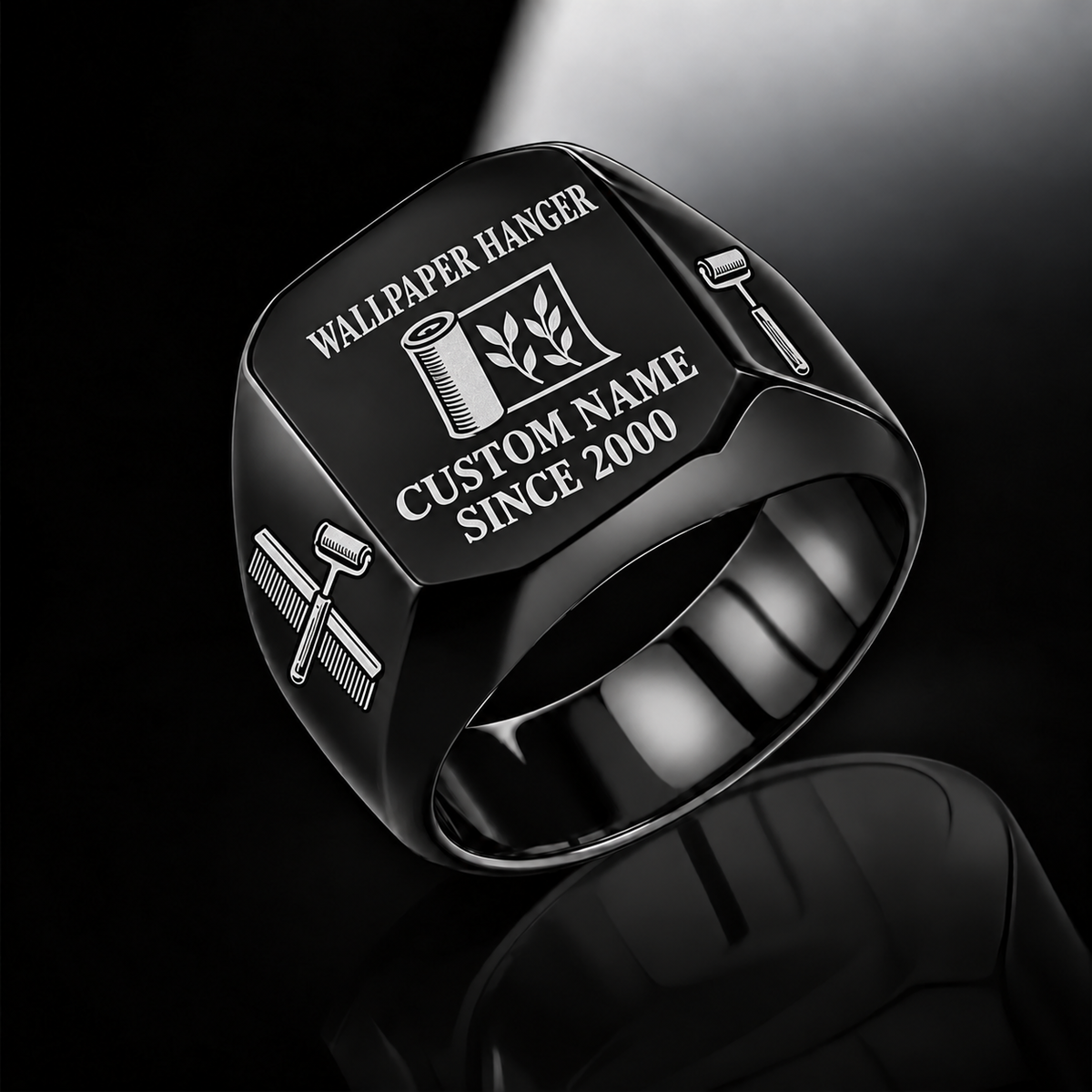 Black-finish Wallpaper Hanger Signature Crest signet ring with partly unfurled leaf-pattern wallpaper, wallpaper brush and seam-roller shoulder engraving, and illustrated CUSTOM NAME and SINCE 2000 text
