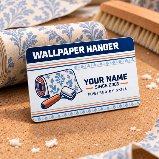 Wallpaper Hanger Signature Stripe aluminum wallet card standing on a cork wallpaper workbench, with navy header, patterned wallpaper roll and seam roller emblem, straight pinstripes, and illustrative Your Name and Powered by Skill text.