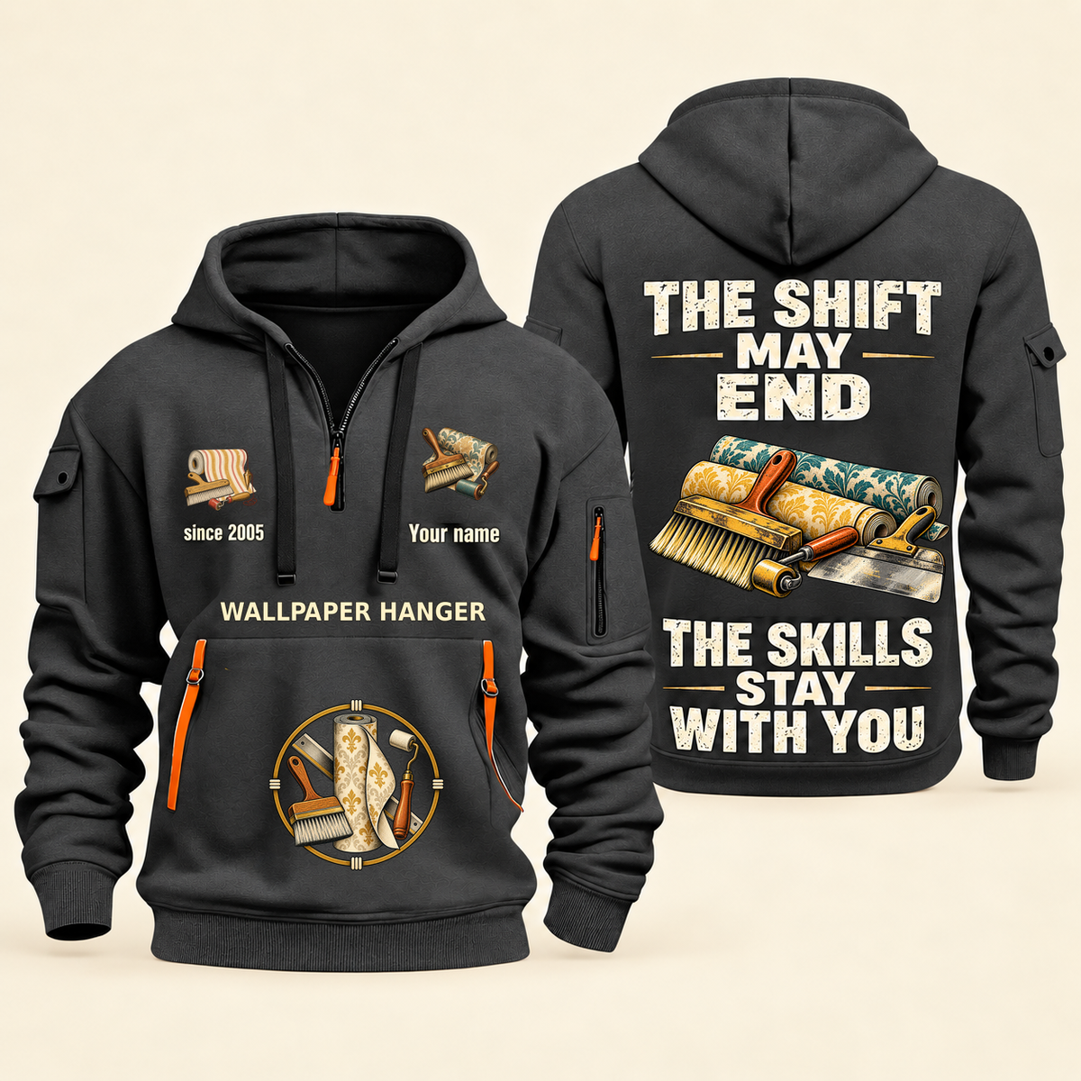 Wallpaper Hanger Skills Stay With You Quarter-Zip Hoodie in Gray, full authentic front and back views with matching wallpaper hanger tools and equipment artwork, original sample name/year and Skills Stay With You slogan.