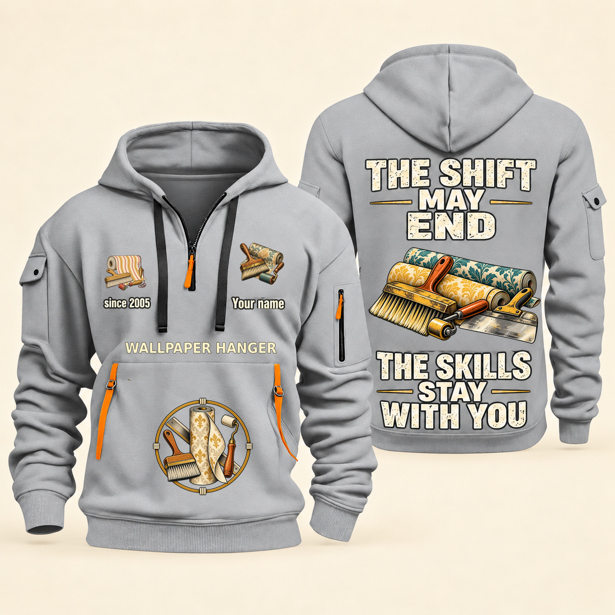 Wallpaper Hanger Skills Stay With You Quarter-Zip Hoodie in Light Grey, full authentic front and back views with matching wallpaper hanger tools and equipment artwork, original sample name/year and Skills Stay With You slogan.