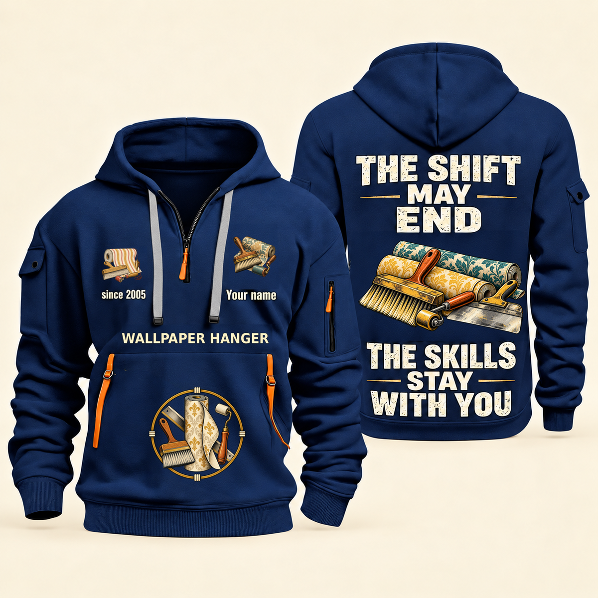 Wallpaper Hanger Skills Stay With You Quarter-Zip Hoodie in Navy, full authentic front and back views with matching wallpaper hanger tools and equipment artwork, original sample name/year and Skills Stay With You slogan.