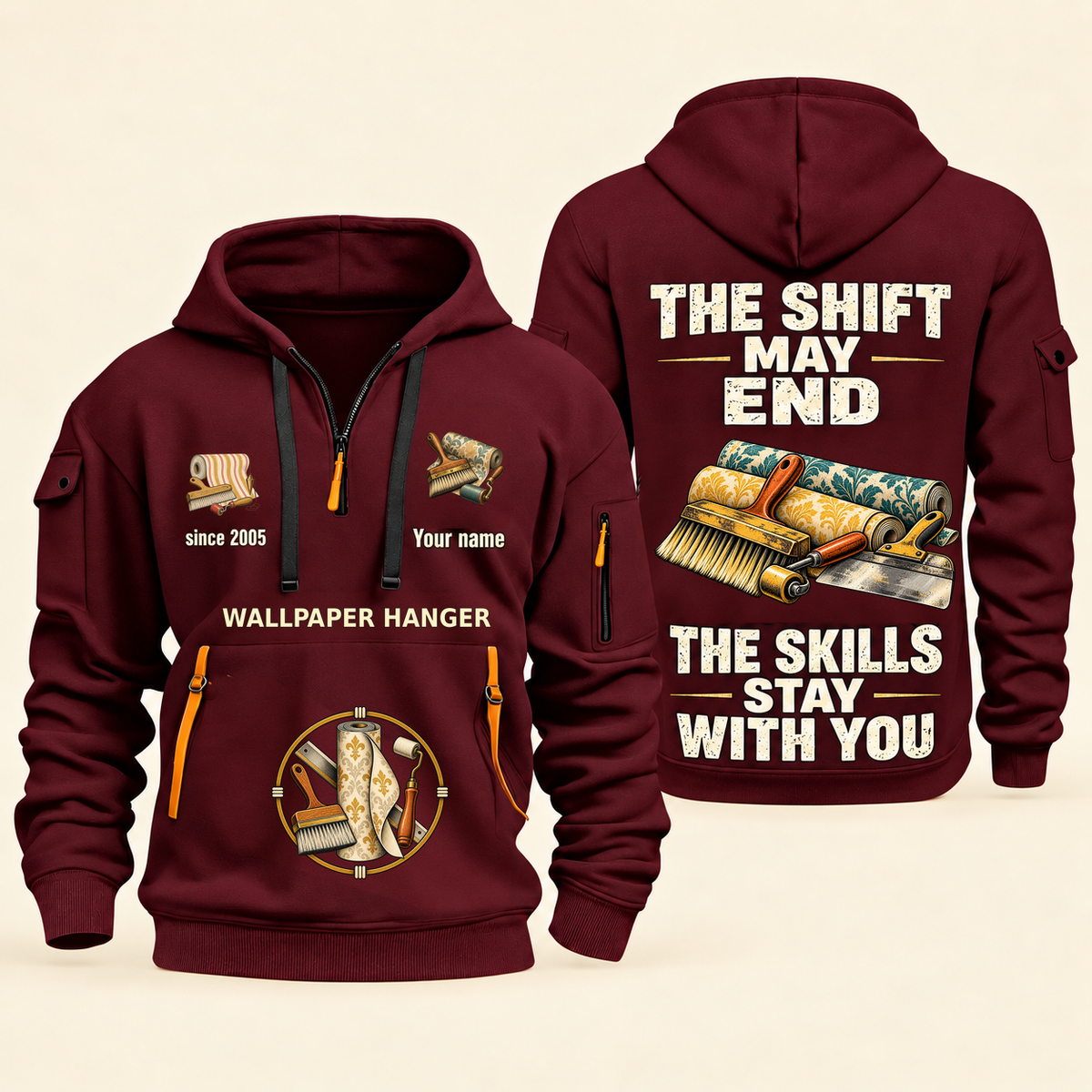 Wallpaper Hanger Skills Stay With You Quarter-Zip Hoodie in Wine Red, full authentic front and back views with matching wallpaper hanger tools and equipment artwork, original sample name/year and Skills Stay With You slogan.