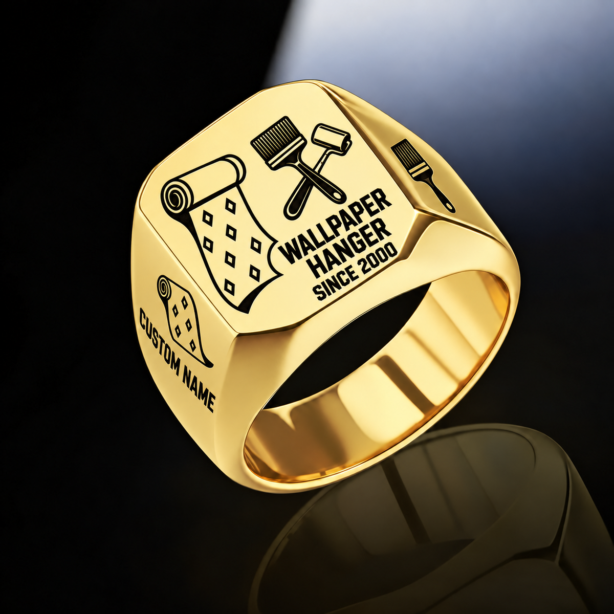 Gold-finish Wallpaper Hanger Split Emblem signet ring with patterned wallpaper-roll, seam-roller and pasting-brush engraving, and illustrated CUSTOM NAME and SINCE 2000 text