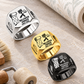 Wallpaper Hanger Split Emblem rings: Silver, Gold and Black finishes descending diagonally across a stationary wallpaper pasting table