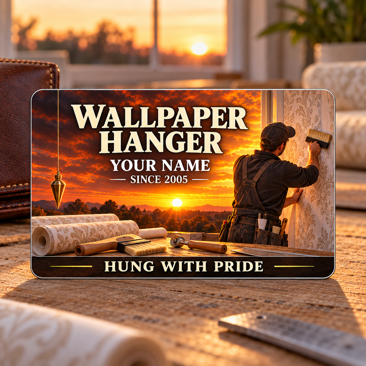 Wallpaper Hanger Sunset Workday aluminum wallet card, front upright on a warm workbench with orange sunset artwork, wallpaper tools and illustrative name and year