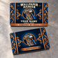 Front and reverse of the thin rounded Wallpaper Hanger Toolmark Heritage aluminum wallet card, with patterned wallpaper roll and seam roller medallions, blue rays and copper damask borders. The front reads WALLPAPER HANGER, YOUR NAME and POWERED BY SKILL; the reverse reads KEEPSAKE.