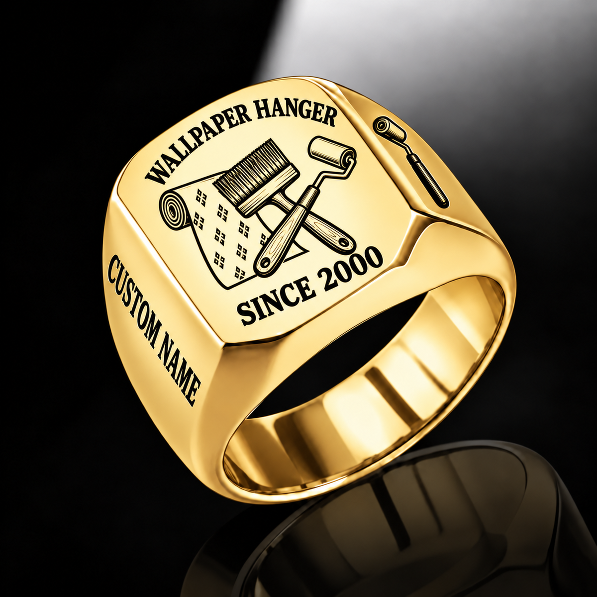 Gold-finish Wallpaper Hanger Trade Emblem signet ring with wallpaper roll, smoothing brush, seam roller and illustrated CUSTOM NAME and SINCE 2000 text