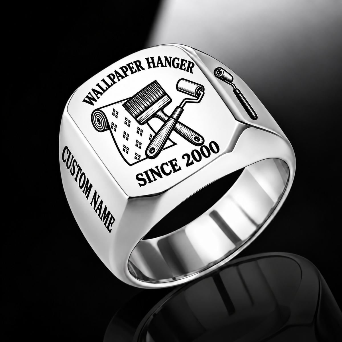 Silver-finish Wallpaper Hanger Trade Emblem signet ring with wallpaper roll, smoothing brush, seam roller and illustrated CUSTOM NAME and SINCE 2000 text