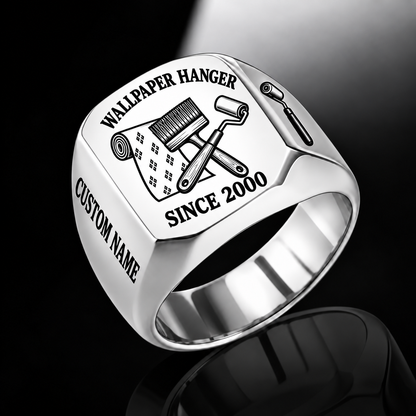 Silver-finish Wallpaper Hanger Trade Emblem signet ring with wallpaper roll, smoothing brush, seam roller and illustrated CUSTOM NAME and SINCE 2000 text