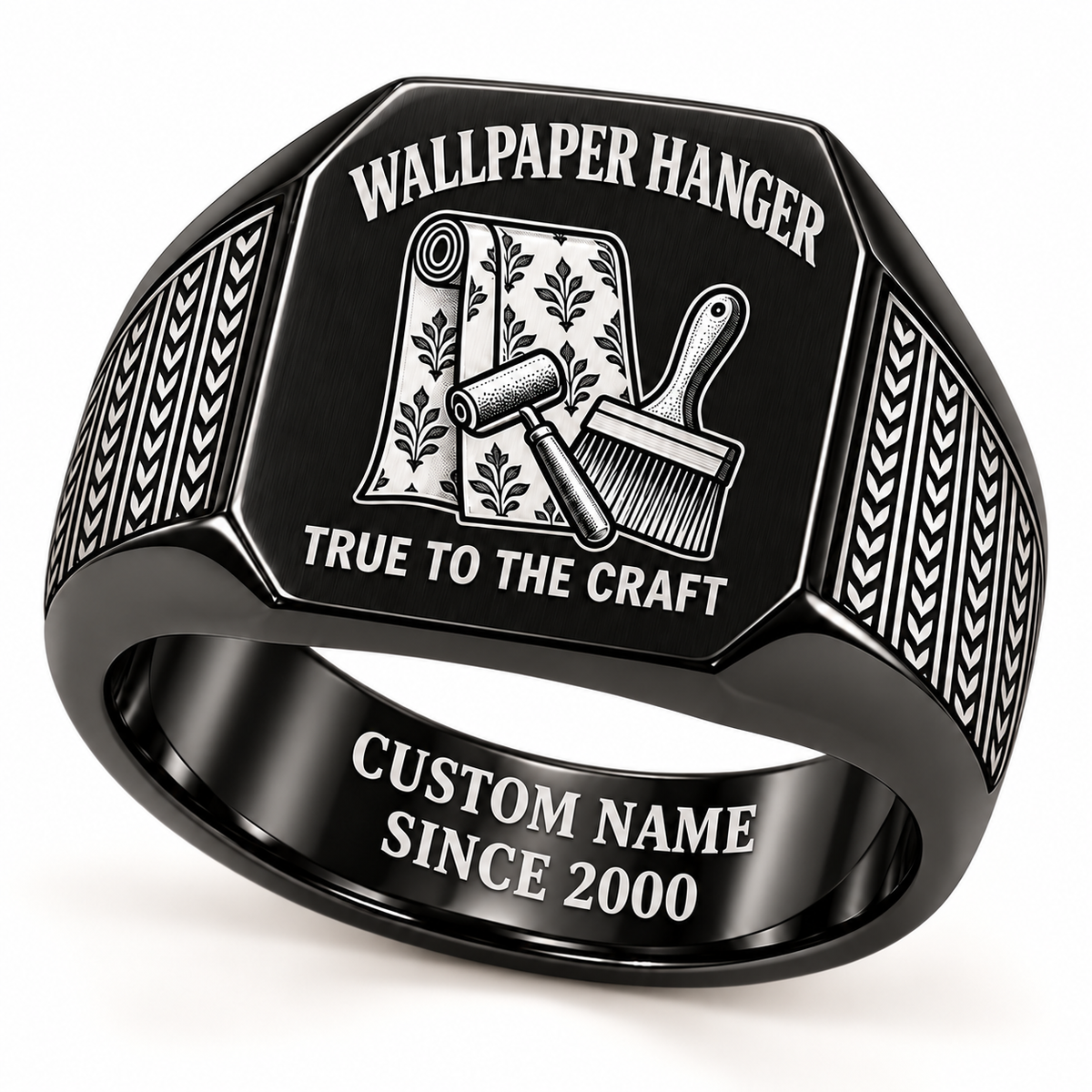 Black-finish Wallpaper Hanger True to the Craft signet ring with leafy wallpaper roll, seam roller, pasting brush and wallpaper-pattern shoulders