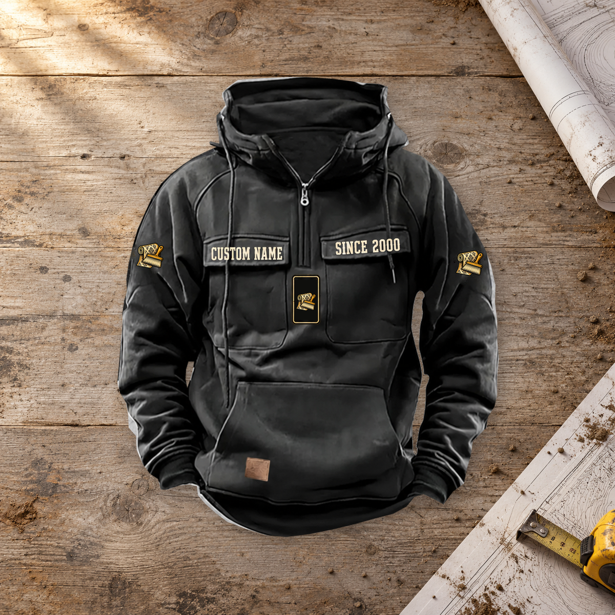 Wallpaper Hanger Walk the Walk Badge Vintage Hoodie in Black on a warm planning workbench, single centered front view.