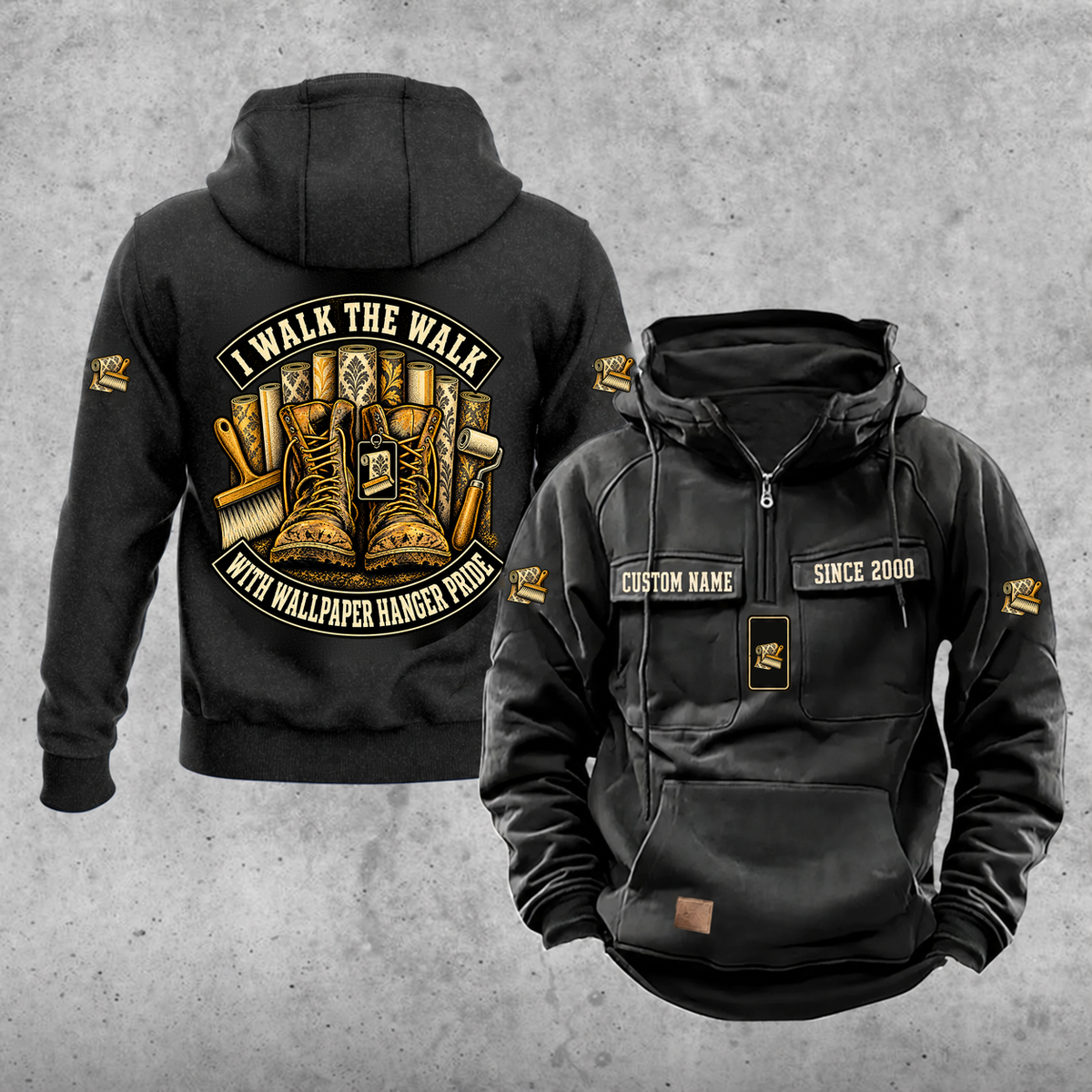 Wallpaper Hanger Walk the Walk Badge Vintage Hoodie in Black, front and back, with work boots and wallpaper rolls, a smoothing brush and seam roller, matching sleeve and chest emblems, and illustrative CUSTOM NAME and SINCE 2000 text.