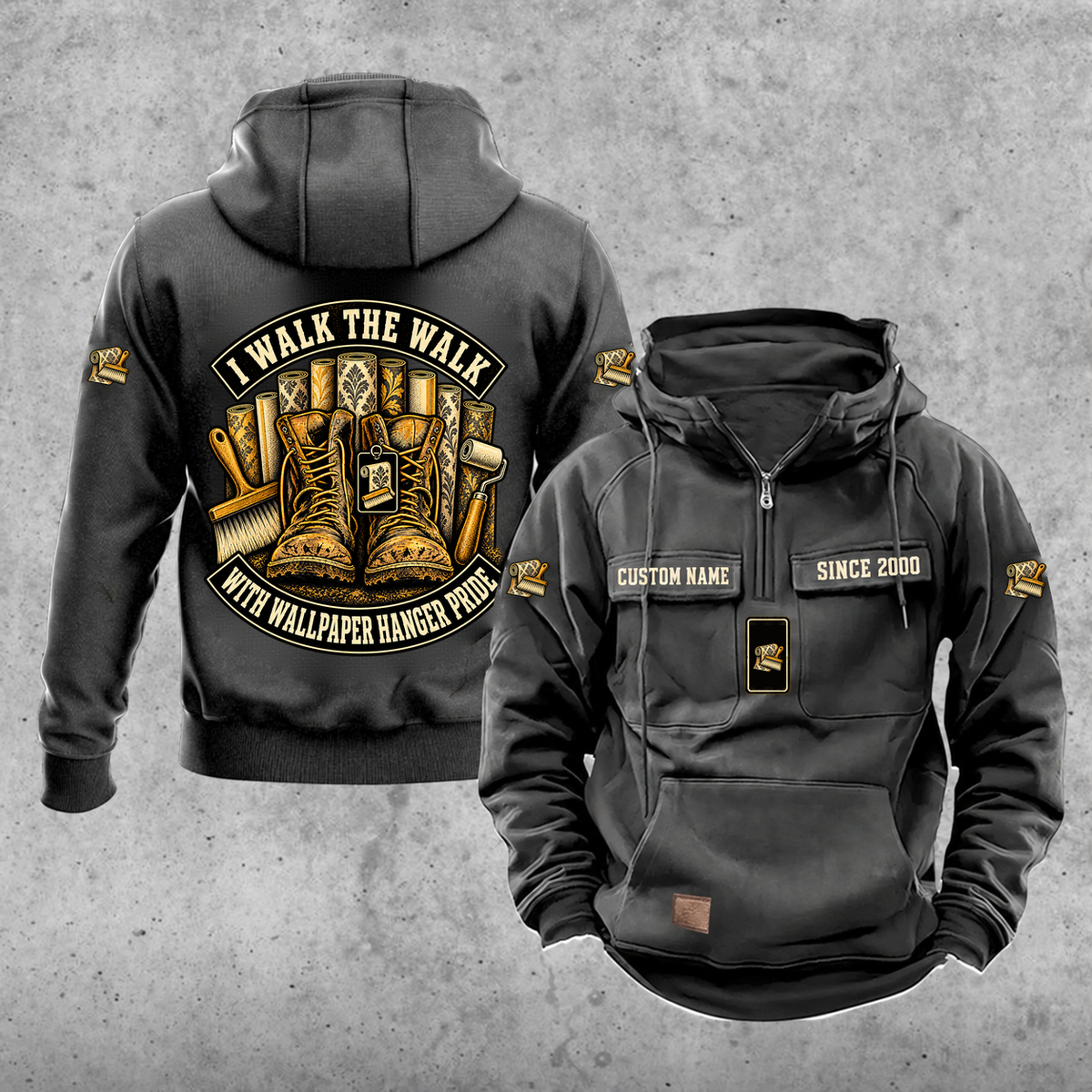 Wallpaper Hanger Walk the Walk Badge Vintage Hoodie in Dark Gray, front and back, with work boots and wallpaper rolls, a smoothing brush and seam roller, matching sleeve and chest emblems, and illustrative CUSTOM NAME and SINCE 2000 text.