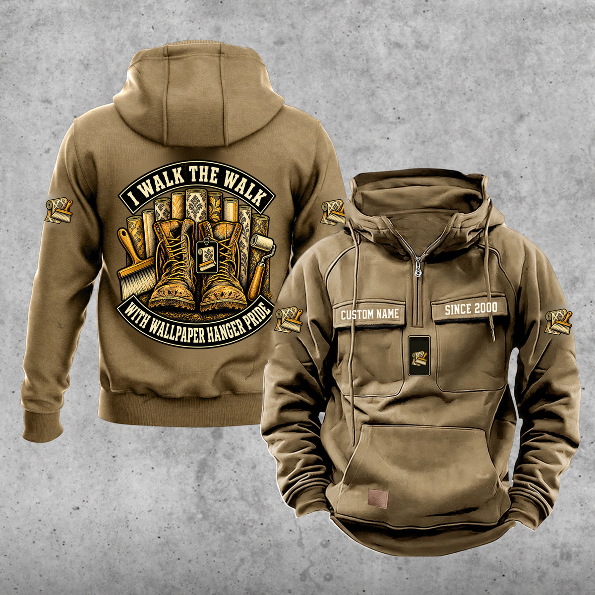 Wallpaper Hanger Walk the Walk Badge Vintage Hoodie in Kaki, front and back, with work boots and wallpaper rolls, a smoothing brush and seam roller, matching sleeve and chest emblems, and illustrative CUSTOM NAME and SINCE 2000 text.