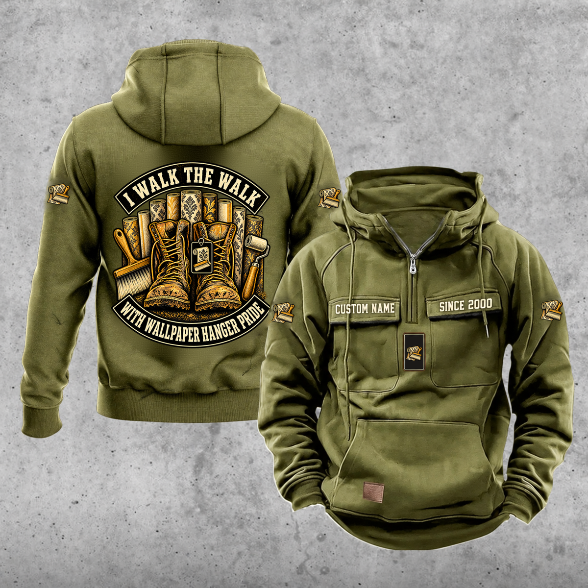 Wallpaper Hanger Walk the Walk Badge Vintage Hoodie in Military Green, front and back, with work boots and wallpaper rolls, a smoothing brush and seam roller, matching sleeve and chest emblems, and illustrative CUSTOM NAME and SINCE 2000 text.