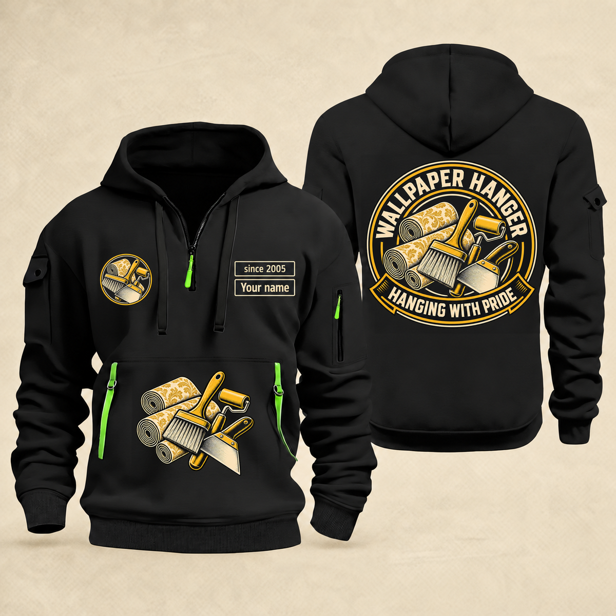 Wallpaper Hanger Hanging With Pride Quarter-Zip Hoodie in Black, full authentic front and back views with matching wallpaper hanger tools and equipment artwork, original sample name/year and trade-pride badge lettering.