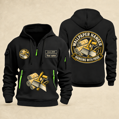 Wallpaper Hanger Hanging With Pride Quarter-Zip Hoodie in Black, full authentic front and back views with matching wallpaper hanger tools and equipment artwork, original sample name/year and trade-pride badge lettering.
