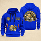 Wallpaper Hanger Hanging With Pride Quarter-Zip Hoodie in Blue, full authentic front and back views with matching wallpaper hanger tools and equipment artwork, original sample name/year and trade-pride badge lettering.