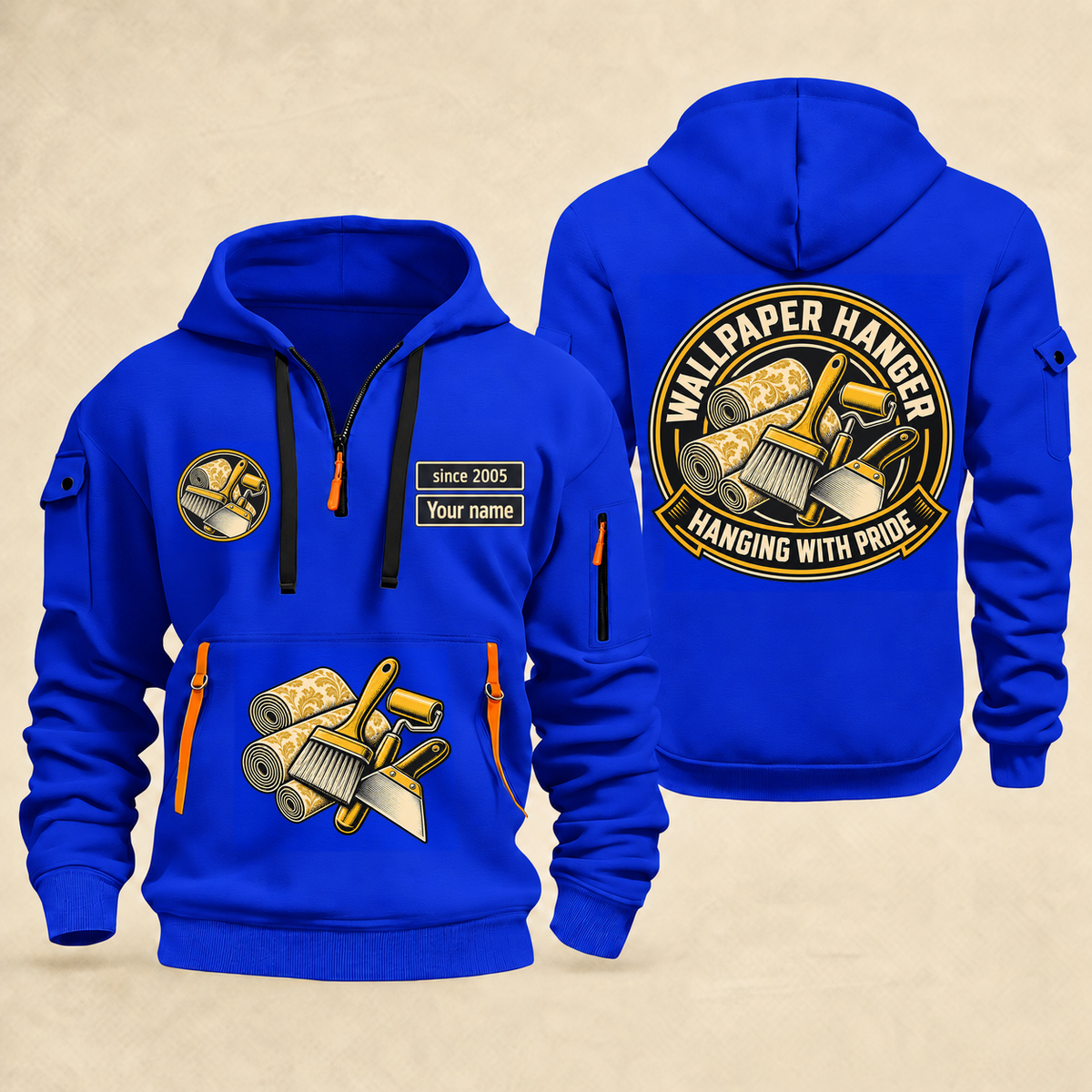 Wallpaper Hanger Hanging With Pride Quarter-Zip Hoodie in Blue, full authentic front and back views with matching wallpaper hanger tools and equipment artwork, original sample name/year and trade-pride badge lettering.