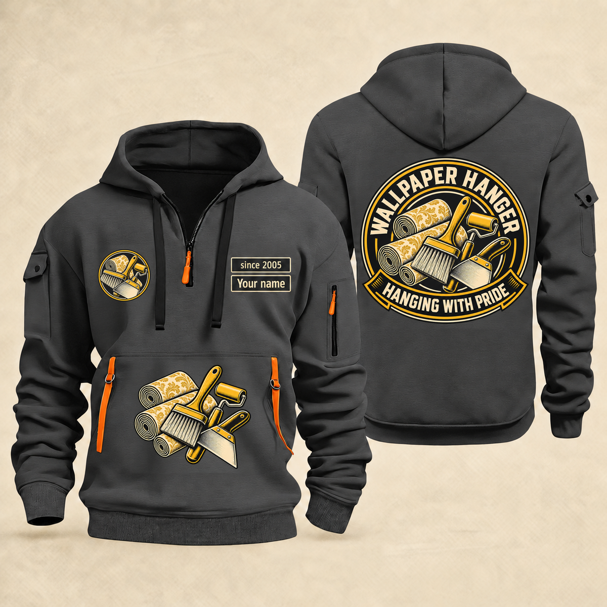 Wallpaper Hanger Hanging With Pride Quarter-Zip Hoodie in Gray, full authentic front and back views with matching wallpaper hanger tools and equipment artwork, original sample name/year and trade-pride badge lettering.