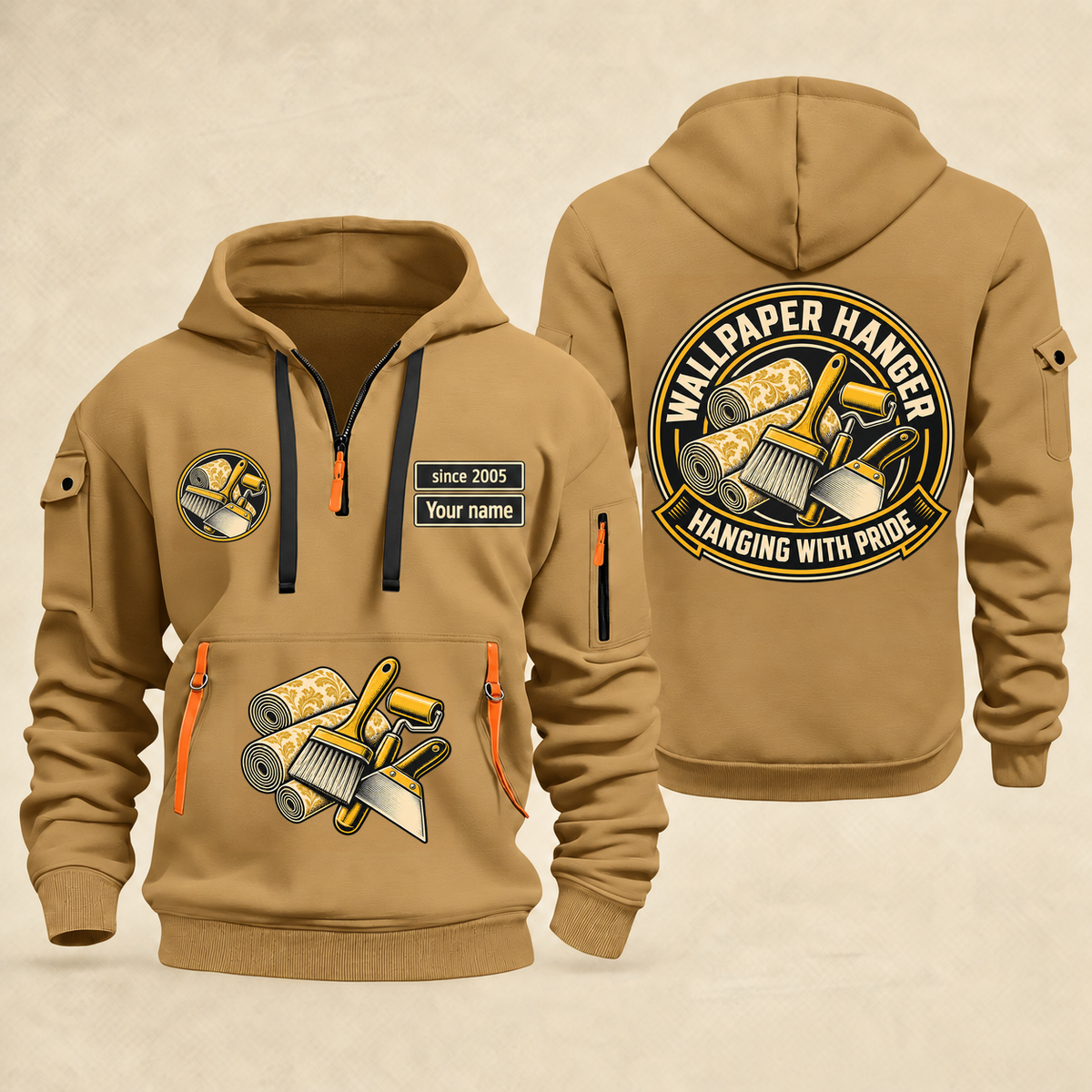 Wallpaper Hanger Hanging With Pride Quarter-Zip Hoodie in Khaki, full authentic front and back views with matching wallpaper hanger tools and equipment artwork, original sample name/year and trade-pride badge lettering.