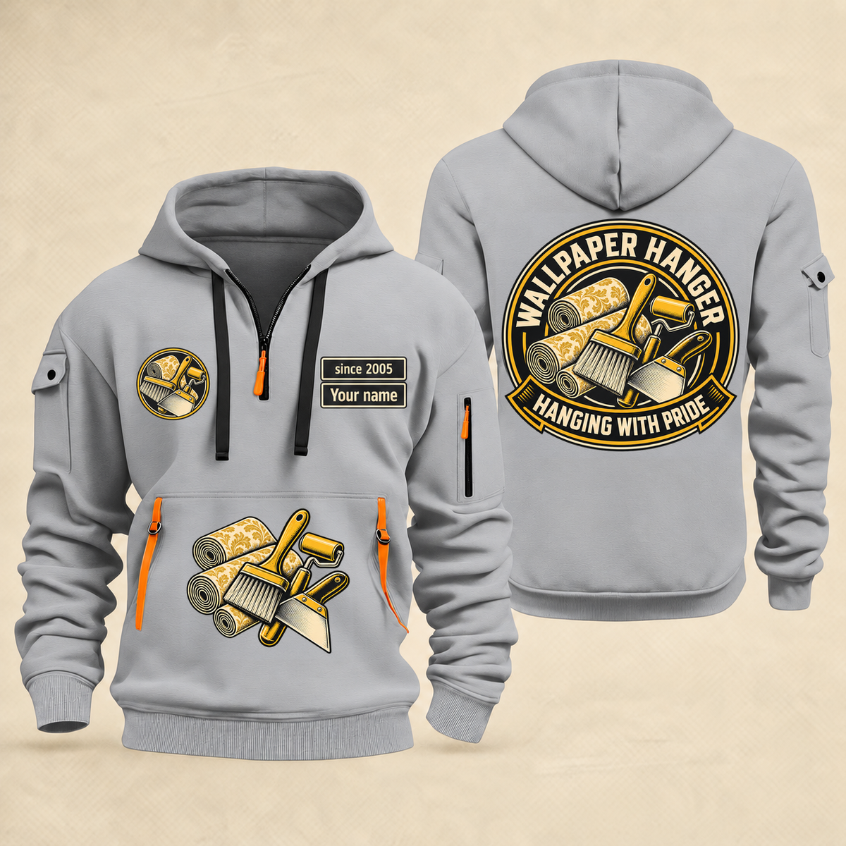 Wallpaper Hanger Hanging With Pride Quarter-Zip Hoodie in Light Grey, full authentic front and back views with matching wallpaper hanger tools and equipment artwork, original sample name/year and trade-pride badge lettering.