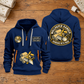 Wallpaper Hanger Hanging With Pride Quarter-Zip Hoodie in Navy, full authentic front and back views with matching wallpaper hanger tools and equipment artwork, original sample name/year and trade-pride badge lettering. On a wallpaper hanger workbench.