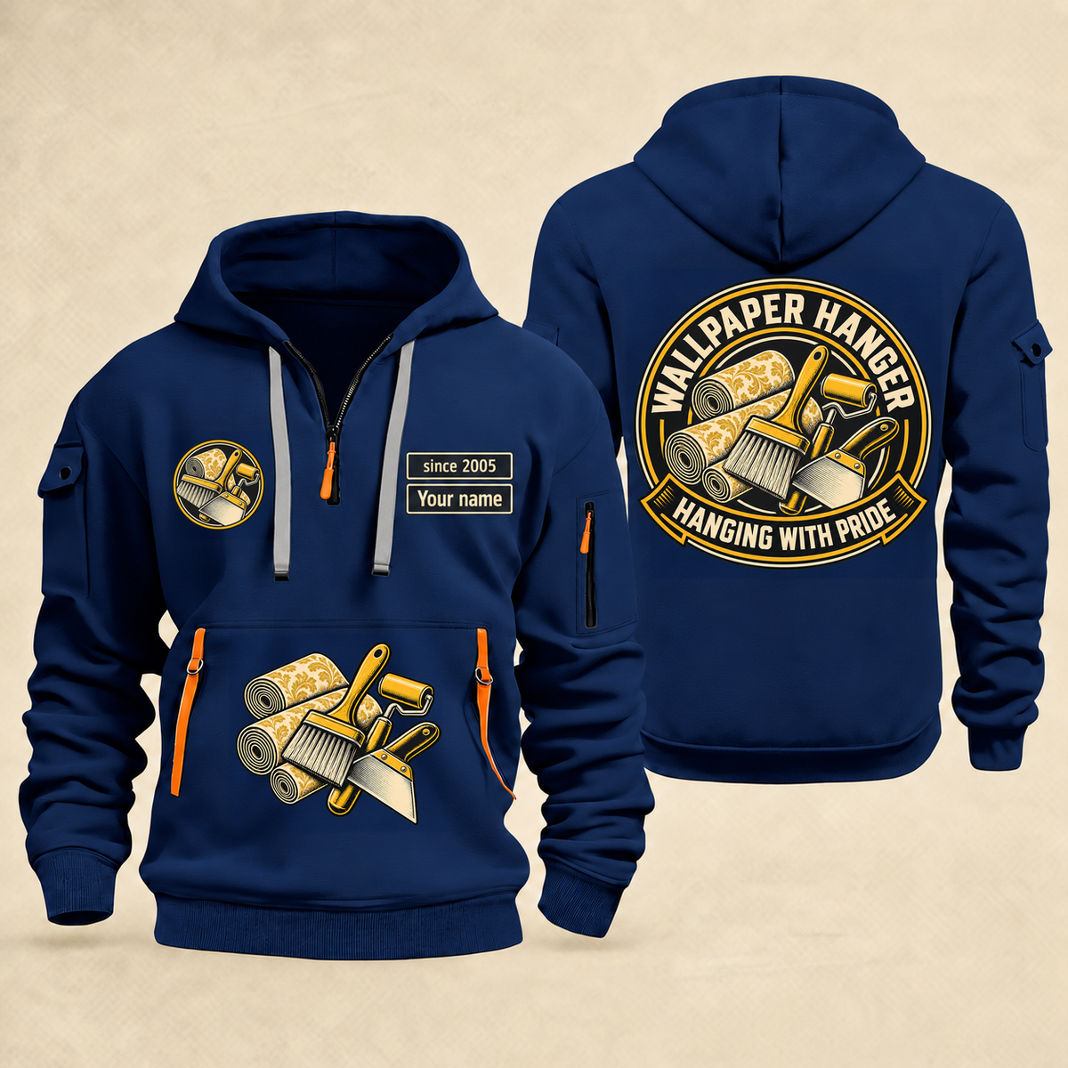 Wallpaper Hanger Hanging With Pride Quarter-Zip Hoodie in Navy, full authentic front and back views with matching wallpaper hanger tools and equipment artwork, original sample name/year and trade-pride badge lettering.