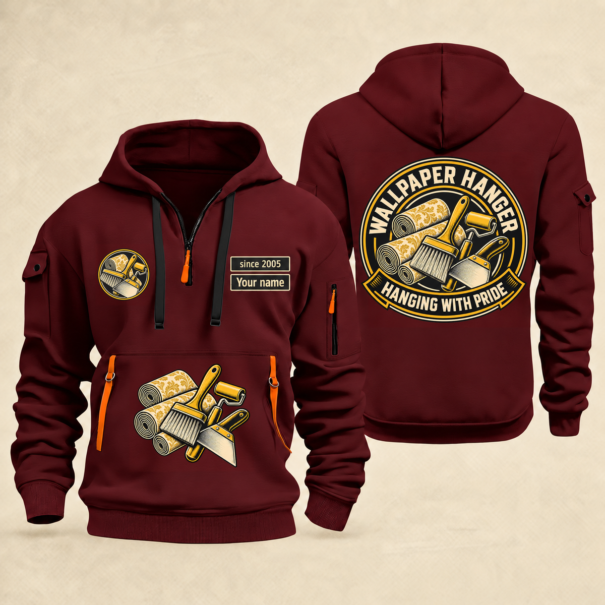 Wallpaper Hanger Hanging With Pride Quarter-Zip Hoodie in Wine Red, full authentic front and back views with matching wallpaper hanger tools and equipment artwork, original sample name/year and trade-pride badge lettering.