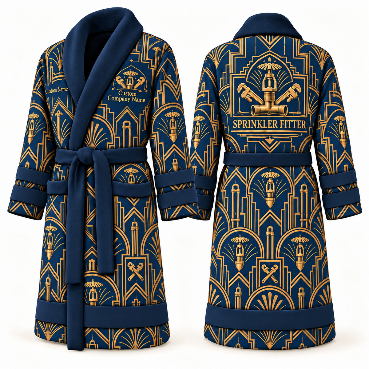 Personalized Sprinkler Fitter Bathrobe - Art Deco Craft blue front and back view