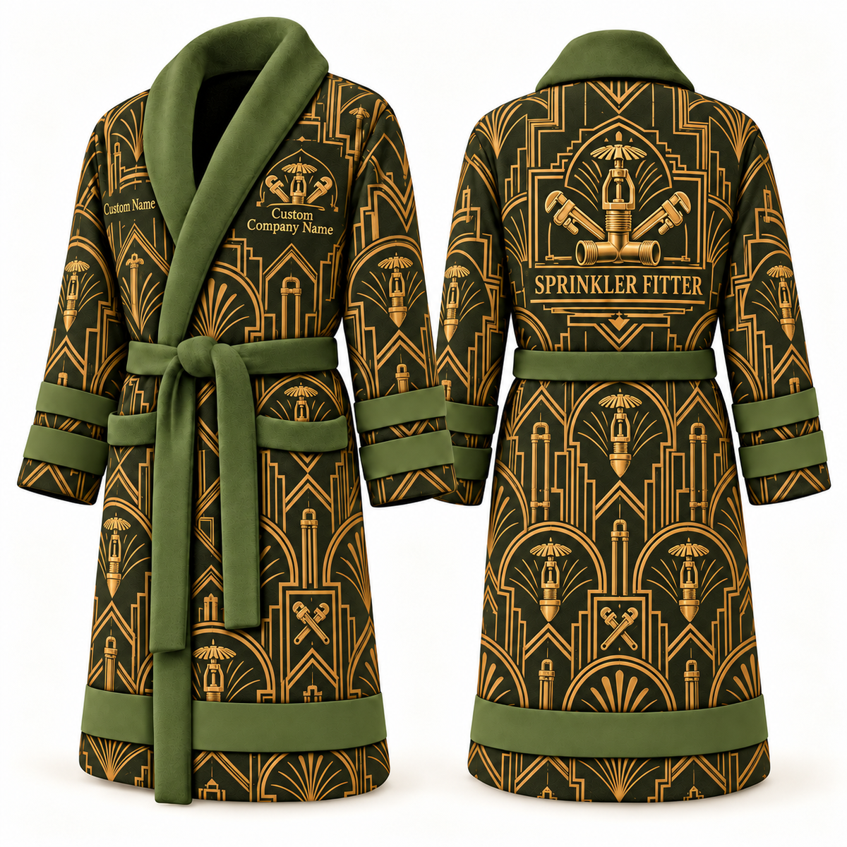 Personalized Sprinkler Fitter Bathrobe - Art Deco Craft olive front and back view