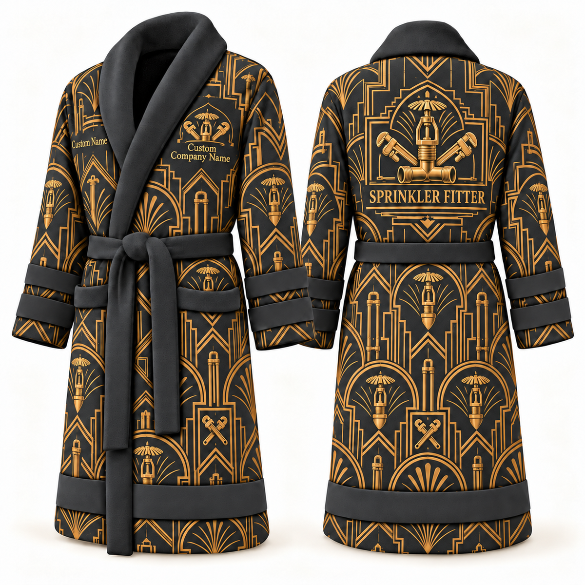 Personalized Sprinkler Fitter Bathrobe - Art Deco Craft slate front and back view