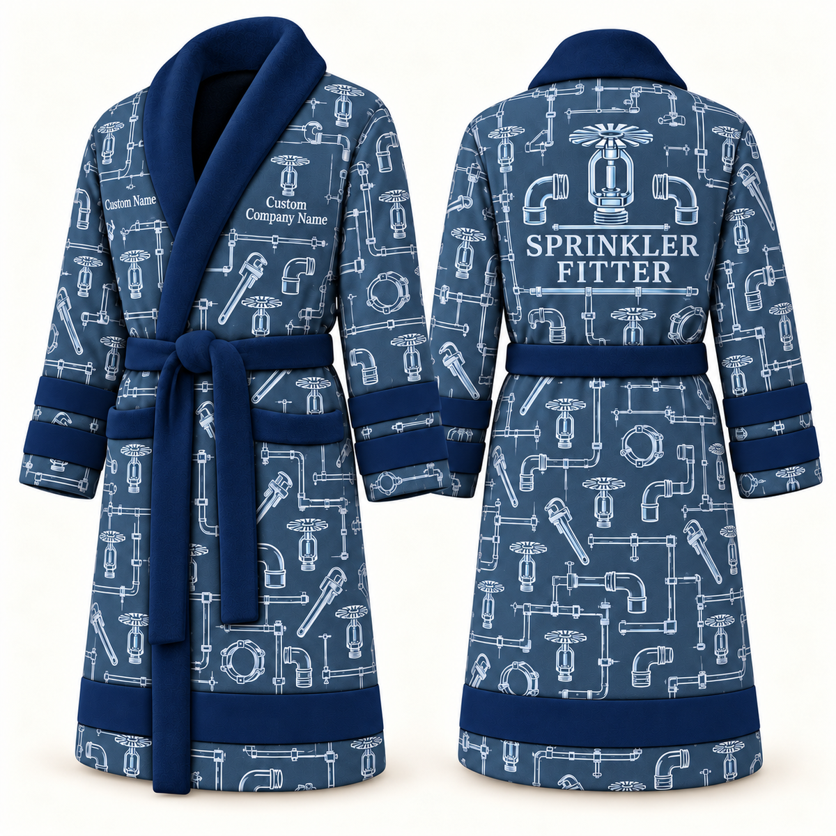 Personalized Sprinkler Fitter Bathrobe blue front and back