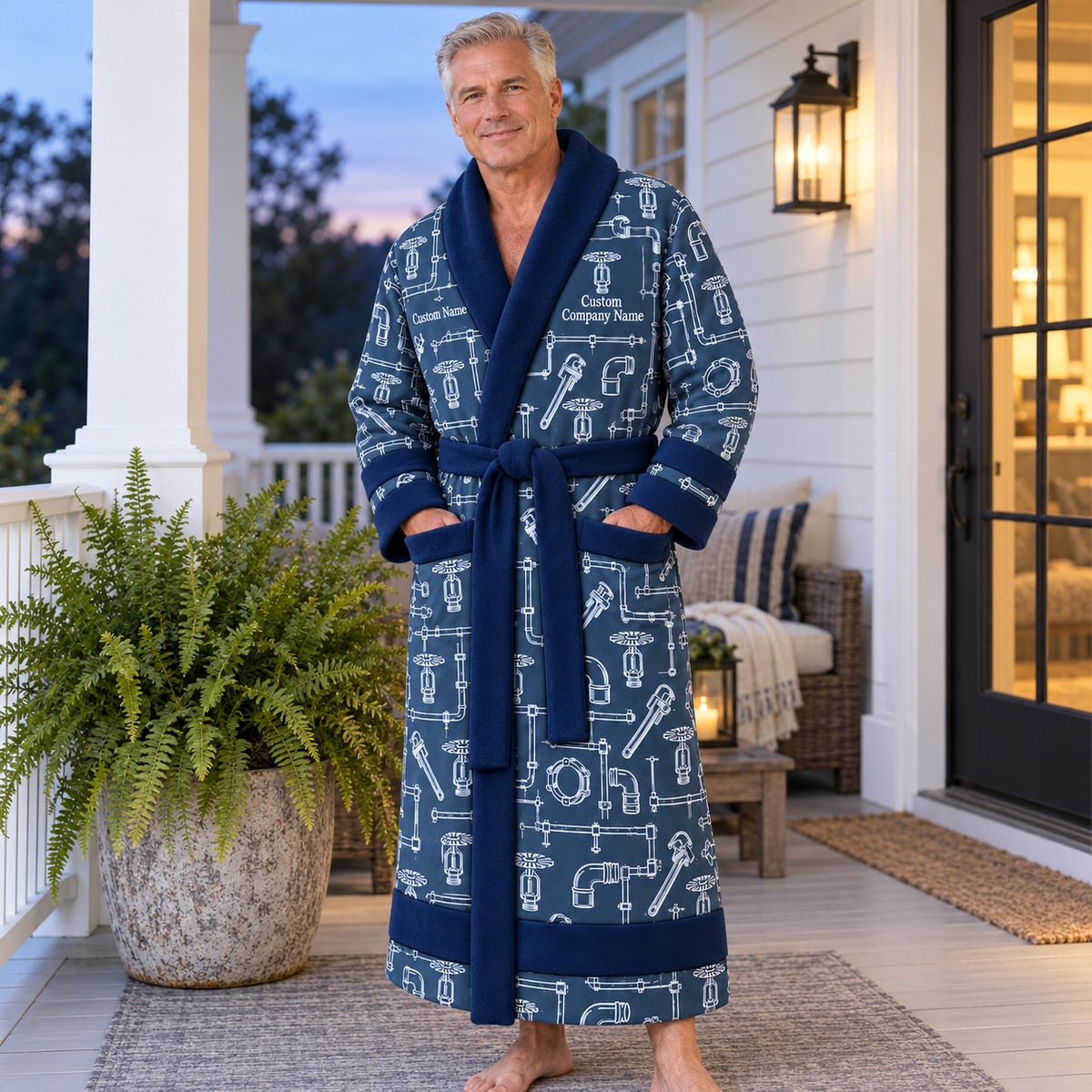Personalized Sprinkler Fitter Bathrobe Blue worn at home